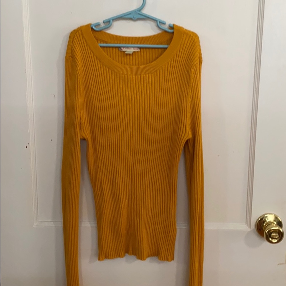 mustard colored ribbed scoop neck sweater